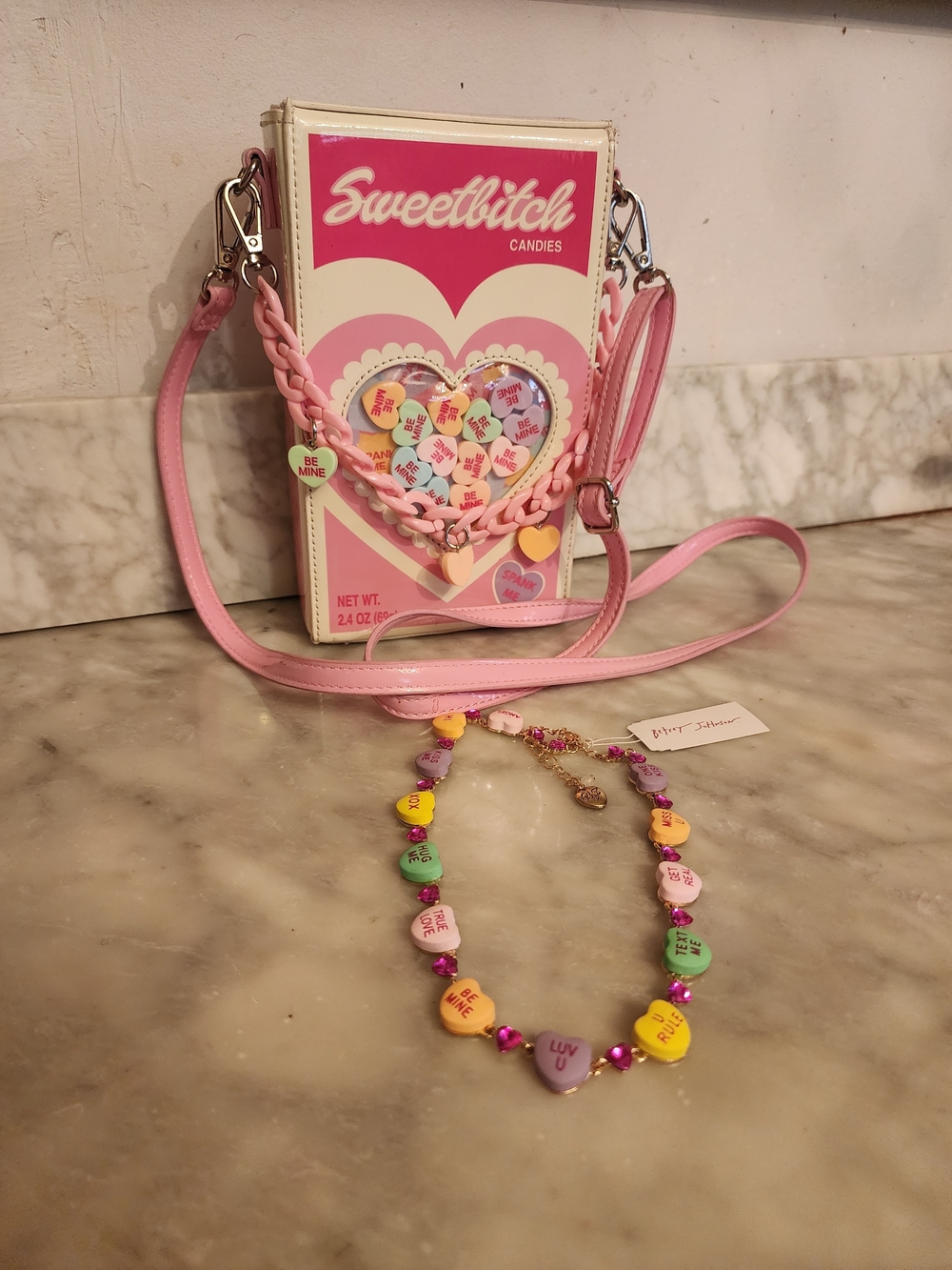 Dolls Kill Heart Candy Bag with Betsey Johnson Heart Charm Necklace.